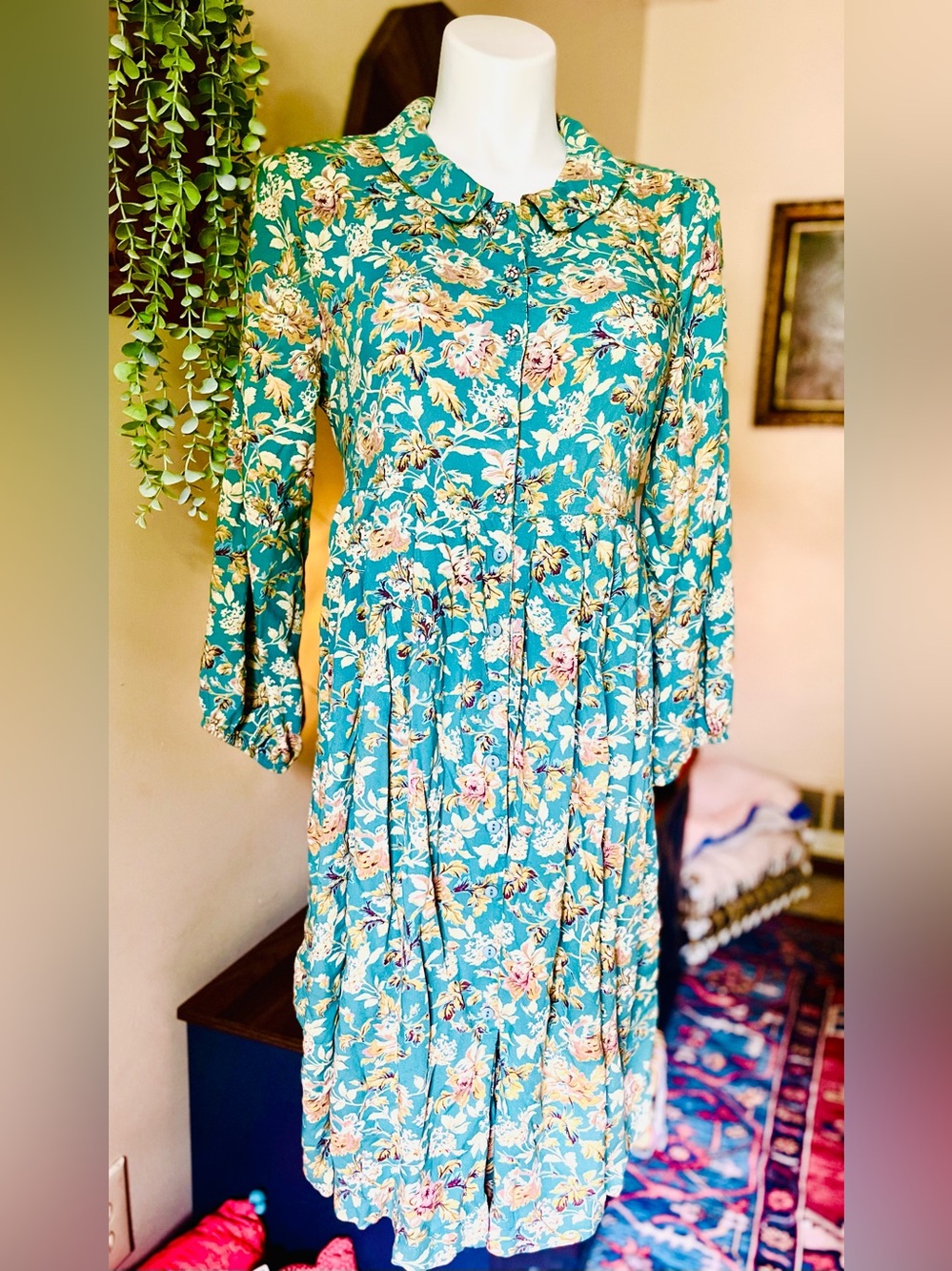 Vintage April Cornell Floral Long-Sleeve belted Dress XL